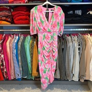 Alexia Admor pink/ green floral 1/2 sleeve asymmetrical ruched dress size XS NWT